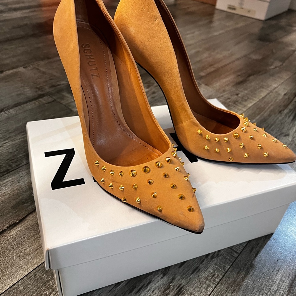SCHUTZ Gold-Studded Orange Heels